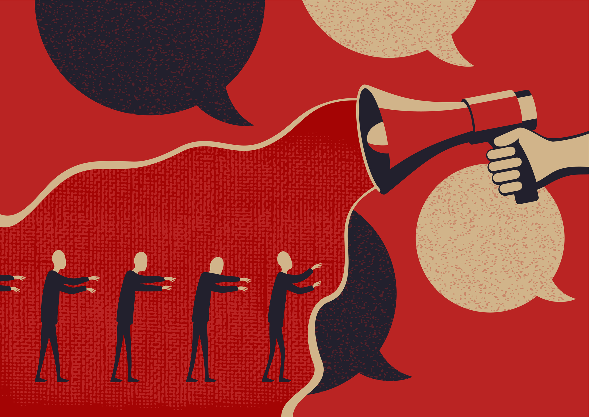 An illustration of a hand holding a megaphone, projecting speech bubbles towards a row of silhouetted figures mimicking each other. The scene is red and black, symbolizing influence or propaganda.