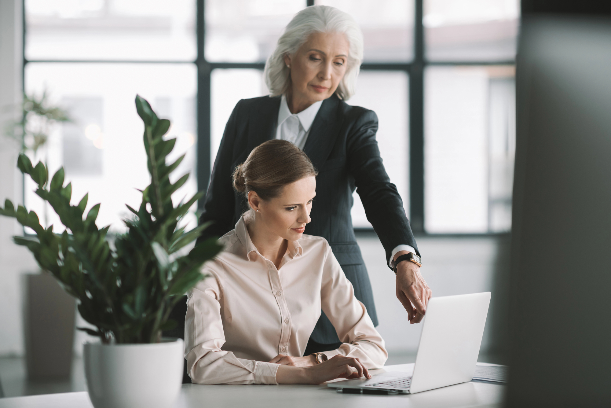 An older woman with gray hair, wearing a dark suit, stands and points at the screen of a laptop. A younger woman with auburn hair, in a light pink blouse, sits at the desk working on the laptop. There is a large potted plant on the desk.