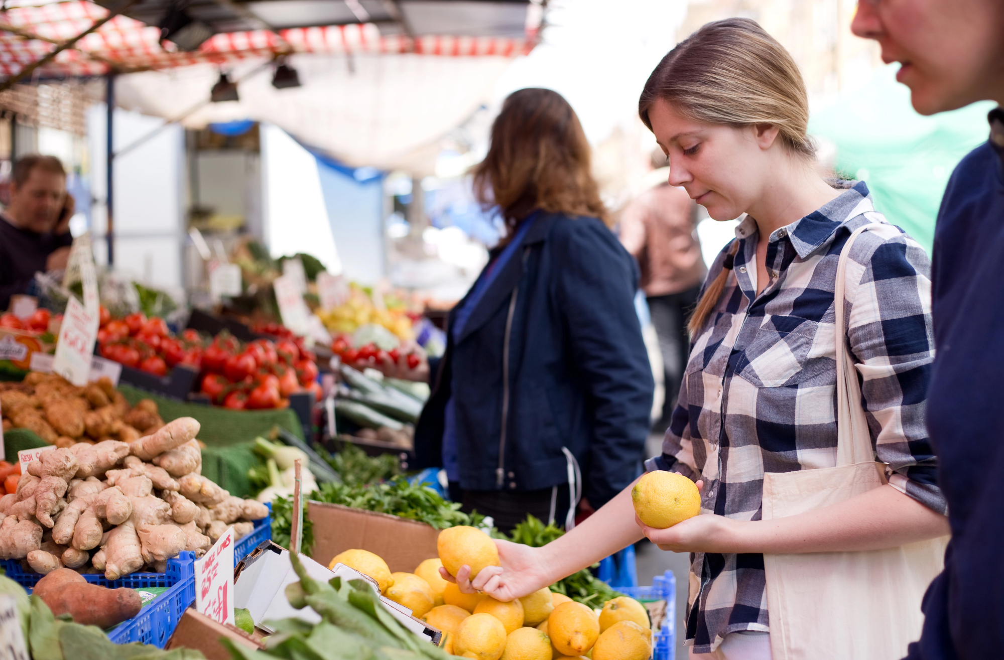 A person wearing a checkered shirt is selecting lemons at an outdoor market stall filled with various fruits and vegetables. Other shoppers and vendors are visible in the background.