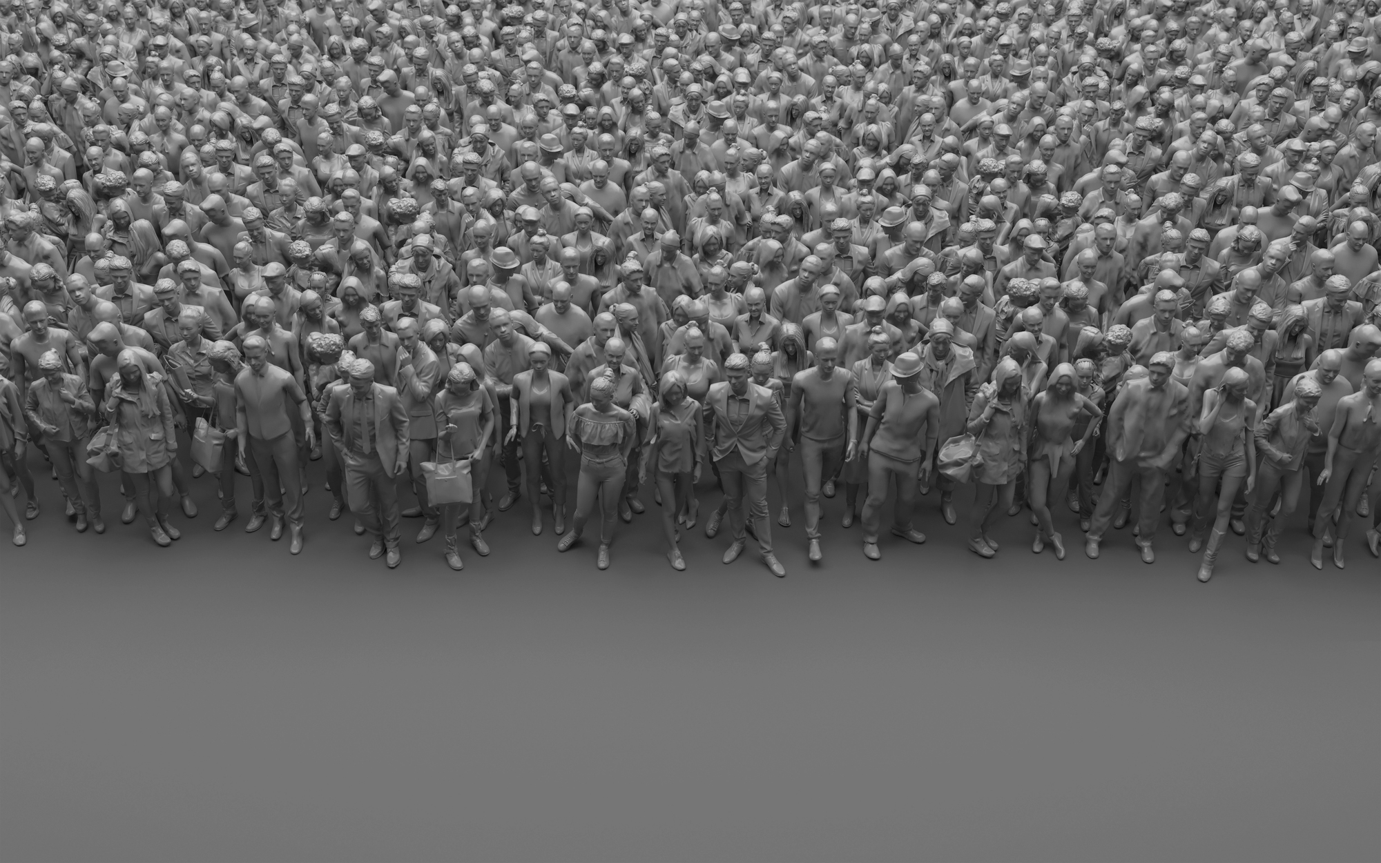 A black and white image shows a dense crowd of people standing closely together, forming a vast, compact group that fills the entire frame from side to side and extending backward.