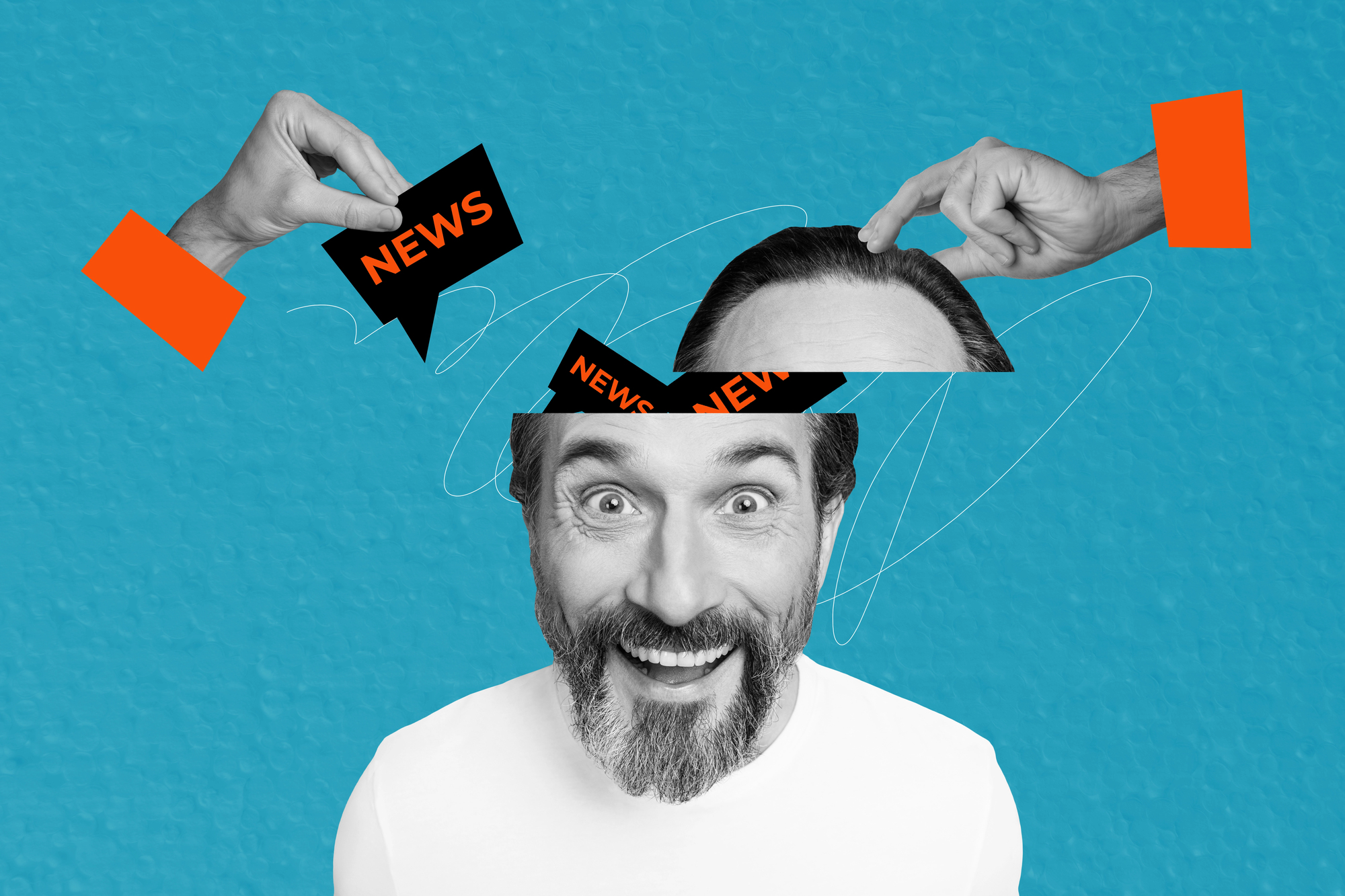 A man with a surprised expression has his head opened, with hands placing cards labeled "NEWS" inside. The image is set against a blue background, combining a grayscale subject with orange accents.