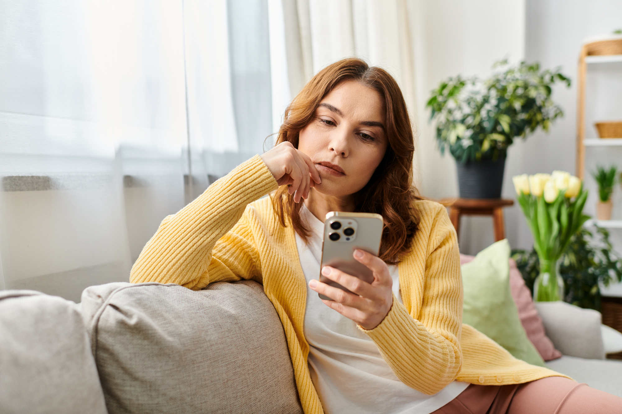 A woman in a yellow sweater sits on a couch, looking intently at her smartphone. She rests her chin on her hand. In the background, there are potted plants and a shelf. The room is softly lit with natural light.