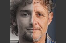 A split image showing the left half of a young man's face in black and white, and the right half of an older man's face in color. Both have facial hair and curly hair. The image highlights aging and contrast.