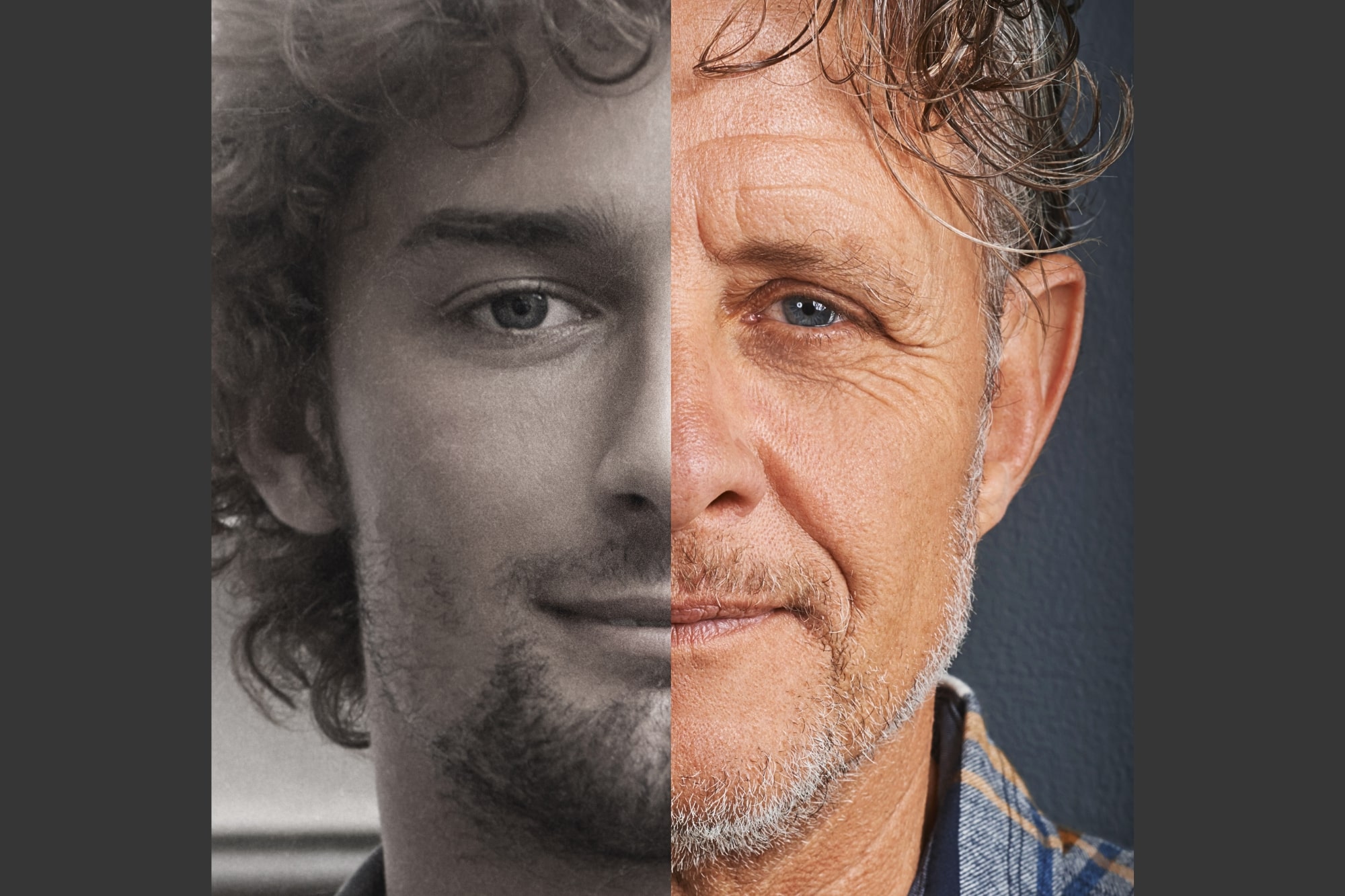 A split image showing the left half of a young man's face in black and white, and the right half of an older man's face in color. Both have facial hair and curly hair. The image highlights aging and contrast.