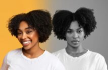 A woman with curly hair wearing a white t-shirt is shown smiling in a color portrait on the left, set against a yellow background. On the right, a grayscale version of her looking serious is set against a gray background.