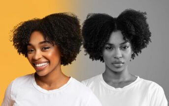 A woman with curly hair wearing a white t-shirt is shown smiling in a color portrait on the left, set against a yellow background. On the right, a grayscale version of her looking serious is set against a gray background.