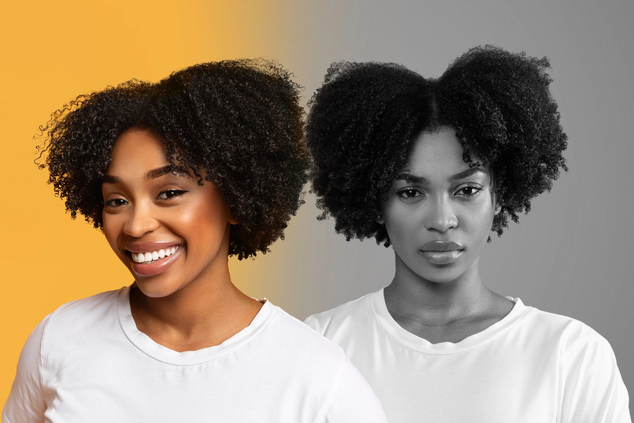 A woman with curly hair wearing a white t-shirt is shown smiling in a color portrait on the left, set against a yellow background. On the right, a grayscale version of her looking serious is set against a gray background.