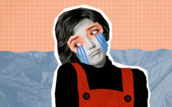 A collage-style artwork featuring a person with a contemplative expression, wearing a red overall. Blue streams resembling tears flow from their eyes. The background is a mix of orange grid and textured blue and gray layers.