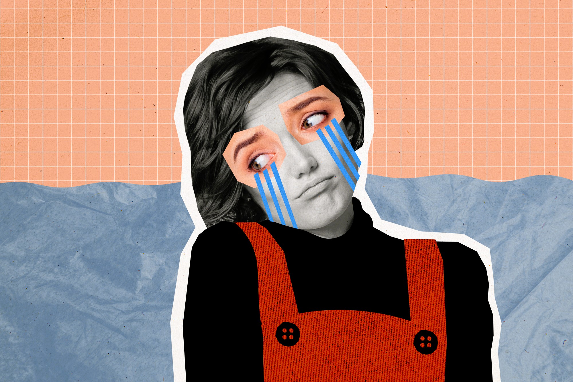 A collage-style artwork featuring a person with a contemplative expression, wearing a red overall. Blue streams resembling tears flow from their eyes. The background is a mix of orange grid and textured blue and gray layers.