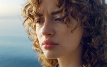 A woman with curly hair gazes contemplatively into the distance. Her expression is thoughtful against a blurred ocean backdrop.