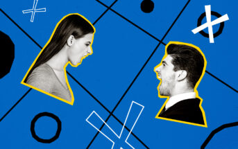 Illustration of a woman and a man facing each other, both appear to be shouting. They are set against a blue background with geometric shapes, including circles and crosses, outlined in black and white.