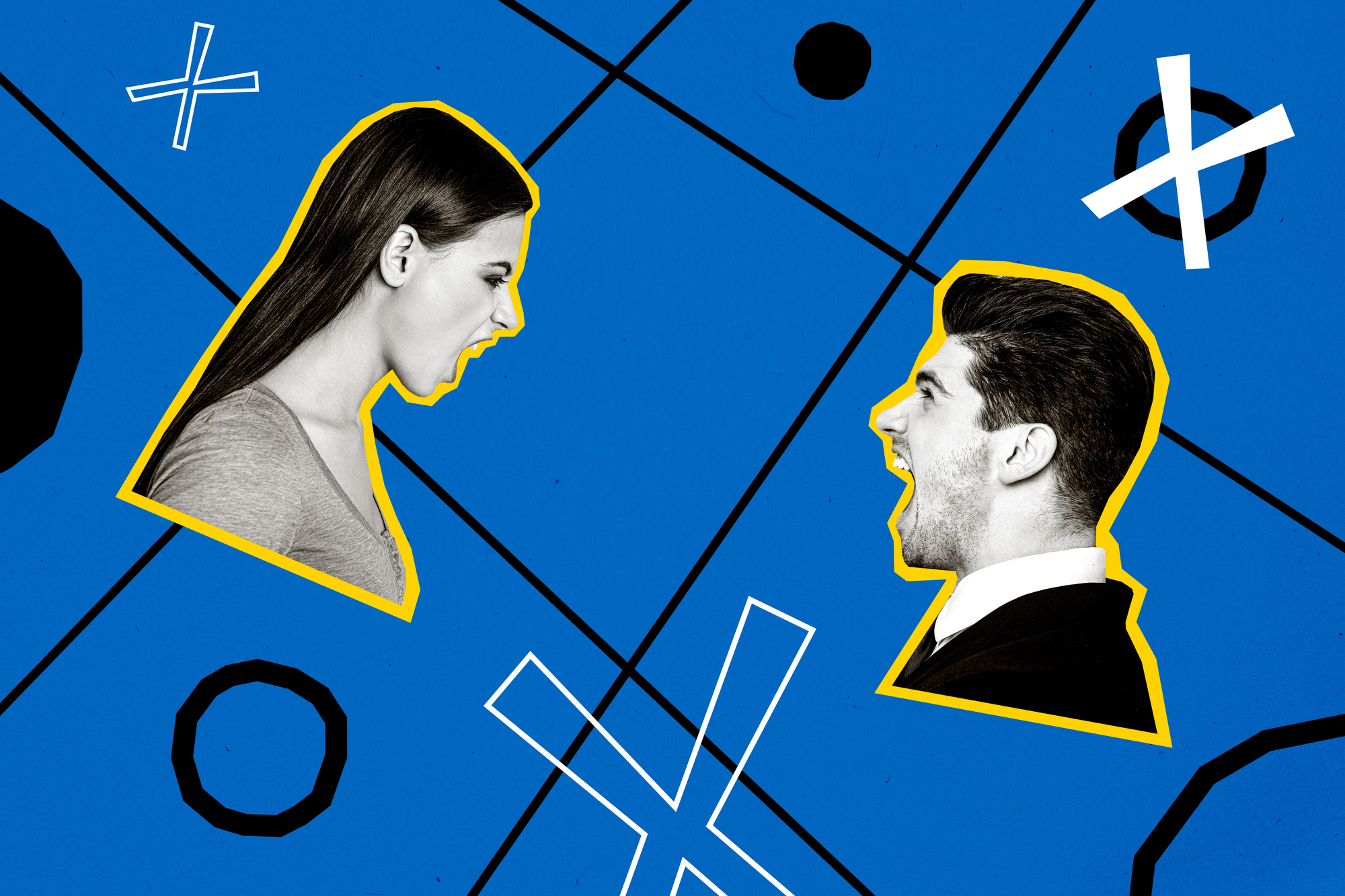 Illustration of a woman and a man facing each other, both appear to be shouting. They are set against a blue background with geometric shapes, including circles and crosses, outlined in black and white.