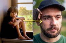 A composite image features a young boy sitting pensively by a window on the left, and a bearded man in a cap looking thoughtful outdoors on the right. A yellow arrow connects the child and the man.