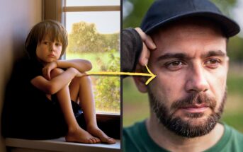 A composite image features a young boy sitting pensively by a window on the left, and a bearded man in a cap looking thoughtful outdoors on the right. A yellow arrow connects the child and the man.