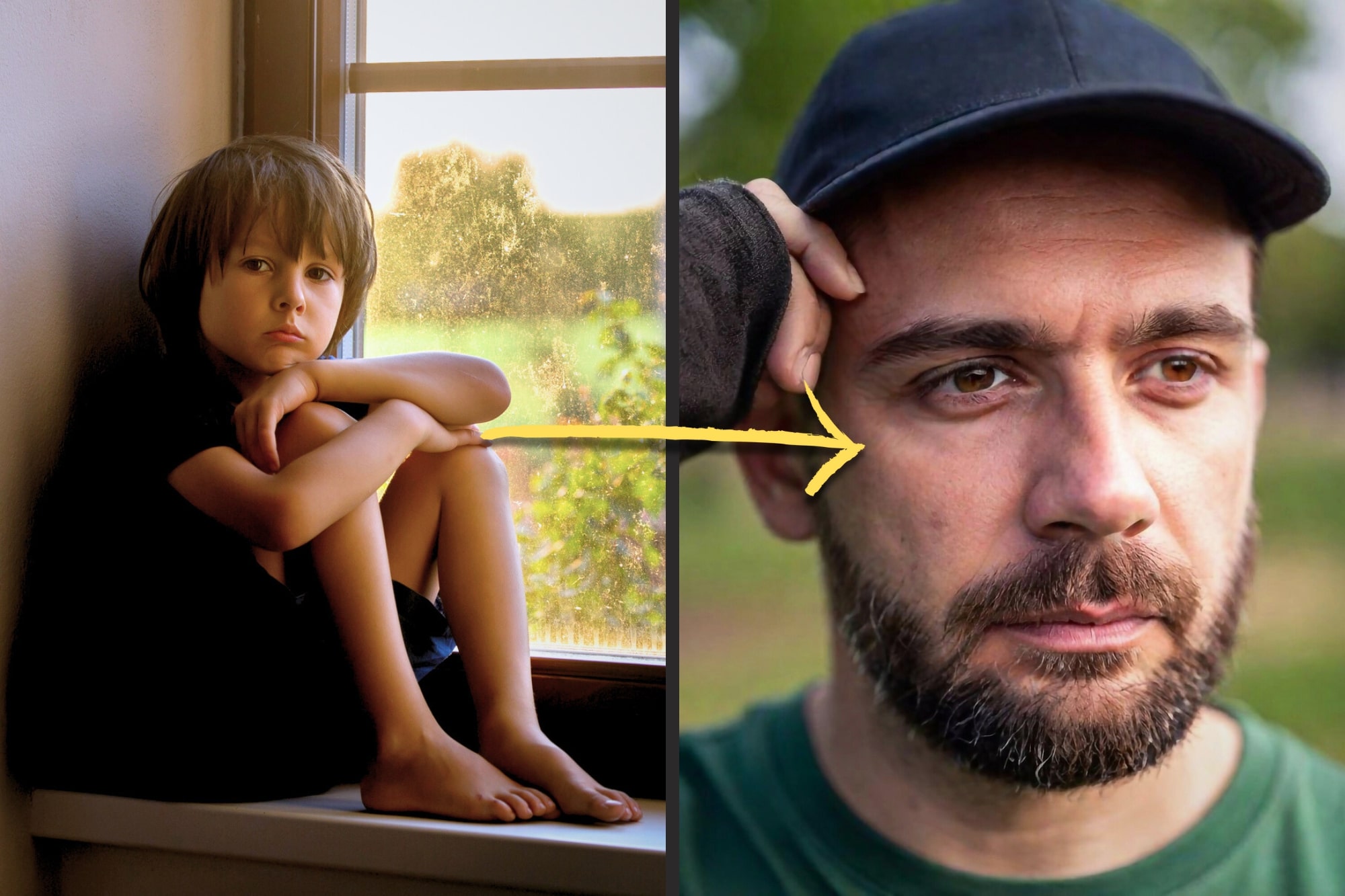 A composite image features a young boy sitting pensively by a window on the left, and a bearded man in a cap looking thoughtful outdoors on the right. A yellow arrow connects the child and the man.