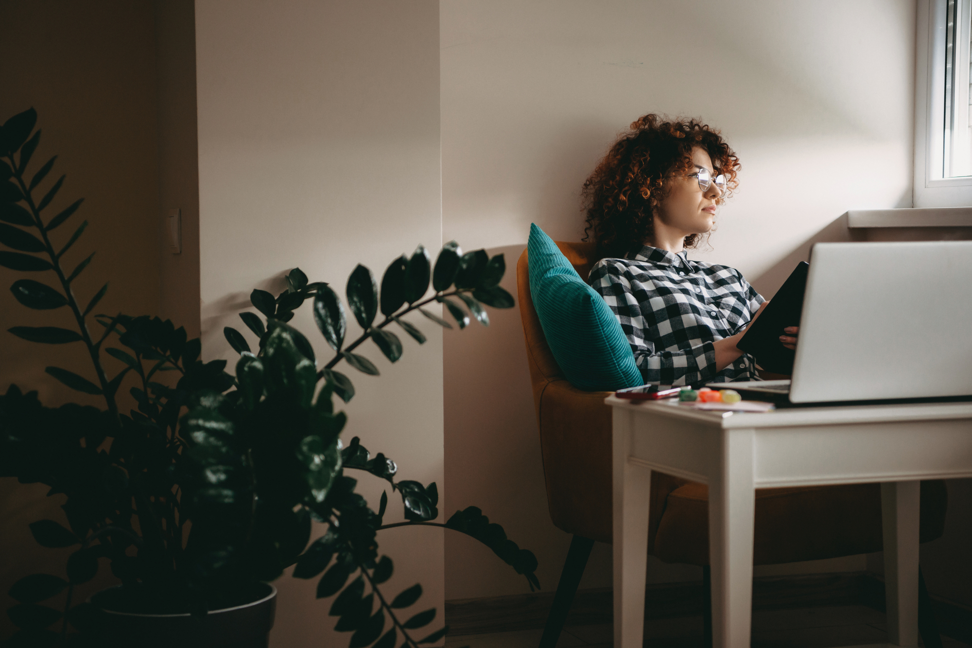 A person with curly hair sits by a window, wearing glasses and a plaid shirt, holding a tablet. A laptop and stationery are on the table. A green plant is in the foreground, and natural light fills the room.