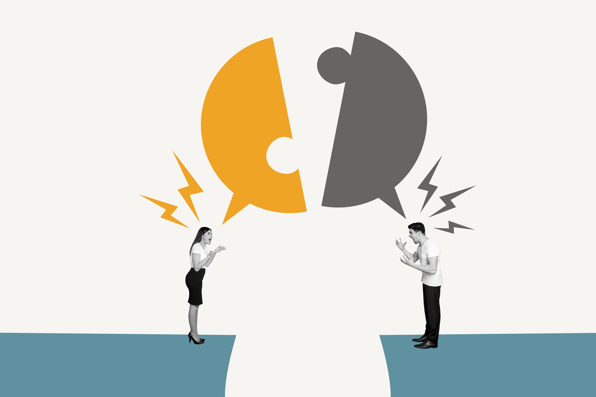 Two people stand on opposite sides of a gap, each gesturing with their hands. Above them are speech bubble icons in yellow and gray, shaped like puzzle pieces, with lightning symbols, symbolizing debate or argument.