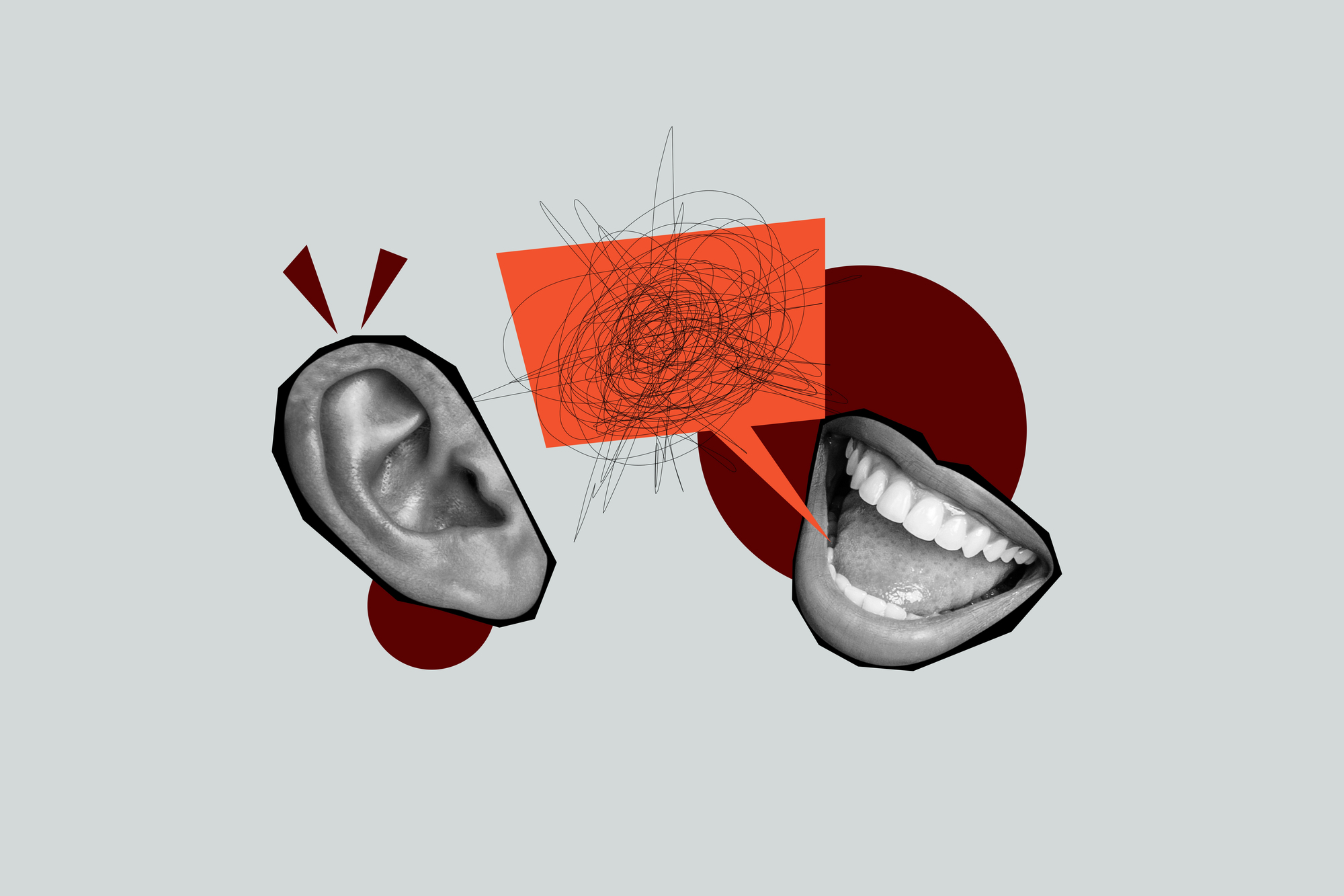 A collage with a close-up image of an ear on the left and a smiling mouth on the right. Between them is an orange speech bubble with abstract scribbles, set against a light gray background with maroon circles.