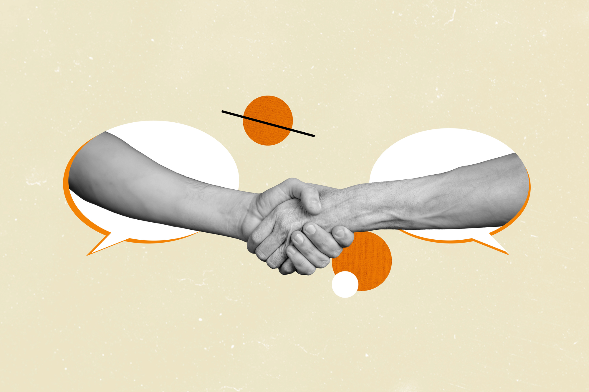 Two hands shaking against a beige background, surrounded by speech bubbles and abstract orange shapes.