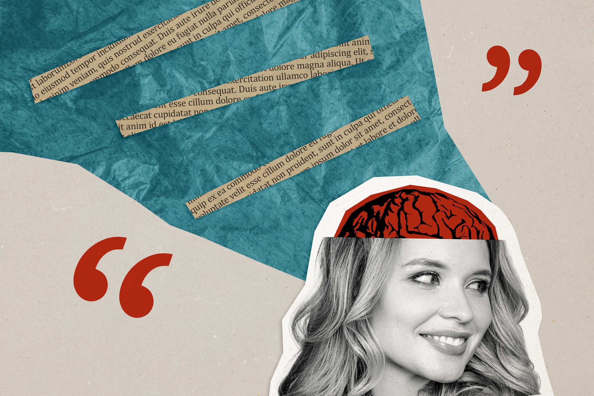 A collage featuring a smiling woman with a red brain illustration. Blue paper and torn text highlight conversation elements. Red quotation marks frame the image, symbolizing communication and thought processes.