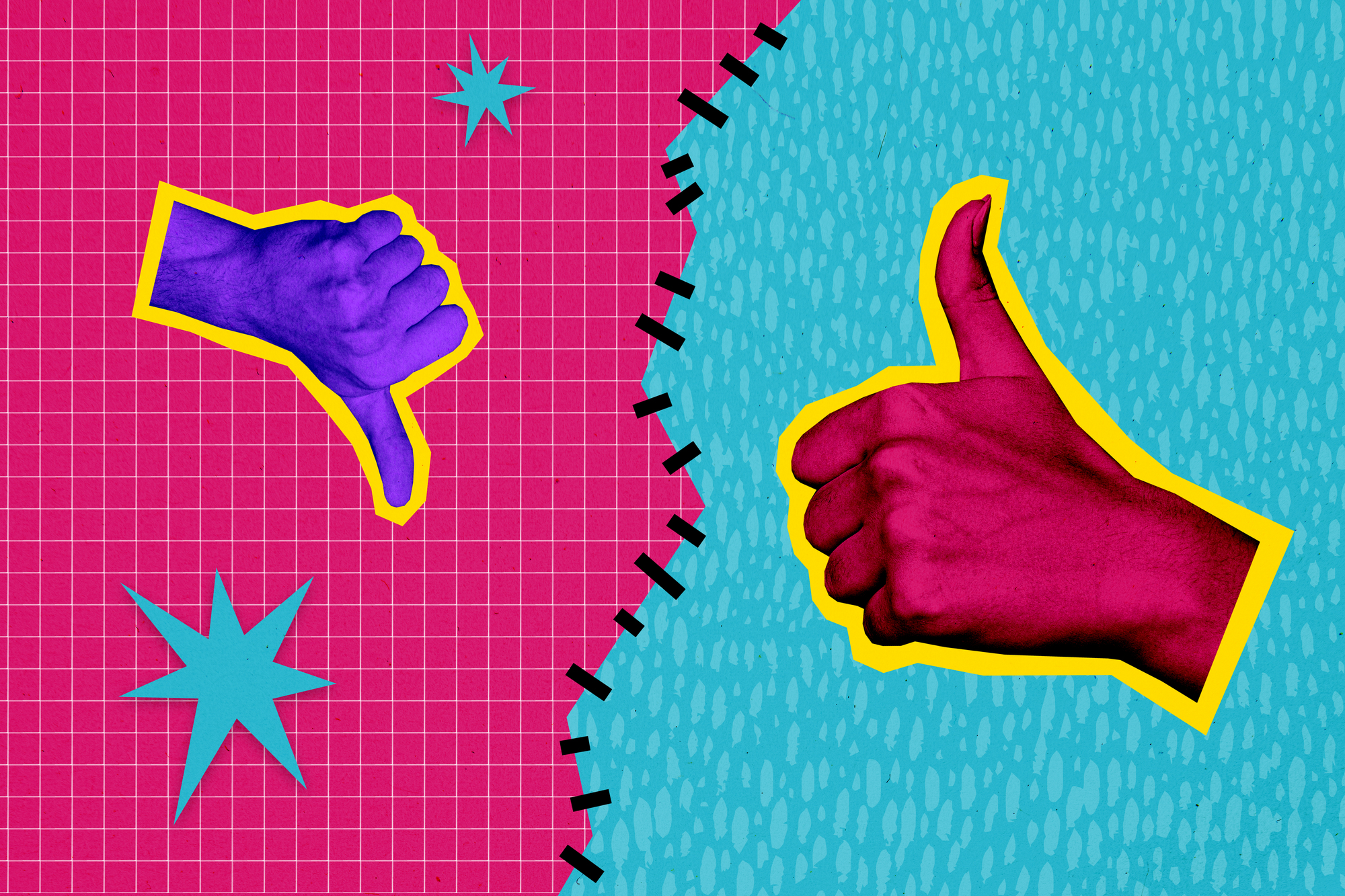 A vibrant collage featuring a thumbs-down hand in purple on a pink grid background with blue stars on the left, and a thumbs-up hand in red on a blue textured background on the right, separated by a jagged line.