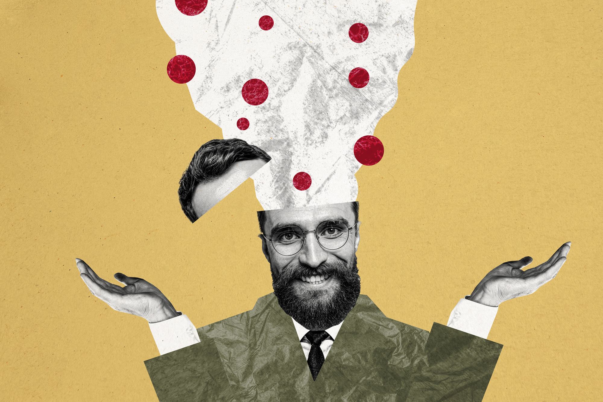 A bearded man with glasses is depicted in a surreal collage. His head opens, revealing a cloud with red dots. He raises his hands in a curious gesture. The background is a muted yellow.