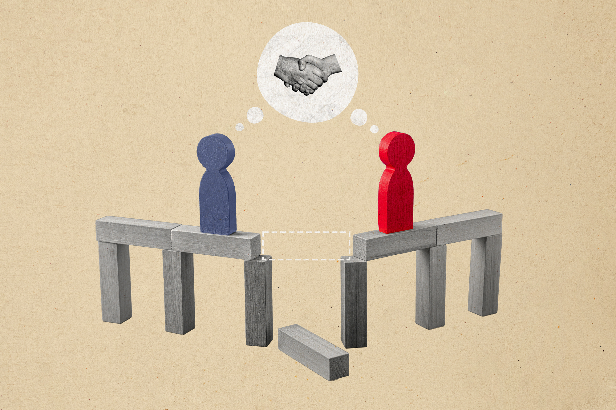 Illustration of two wooden figures on opposite sides of a bridge with missing pieces. They're thinking about shaking hands, symbolizing communication or agreement. The figures are red and blue, and the background is a textured beige.