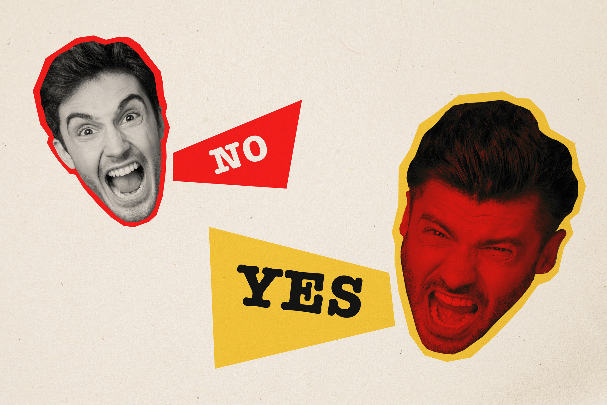 A graphic of two male faces with different expressions in pop art style. The black and white face shouts "NO" in a red speech bubble, while the red-toned face shouts "YES" in a yellow speech bubble against a beige background.