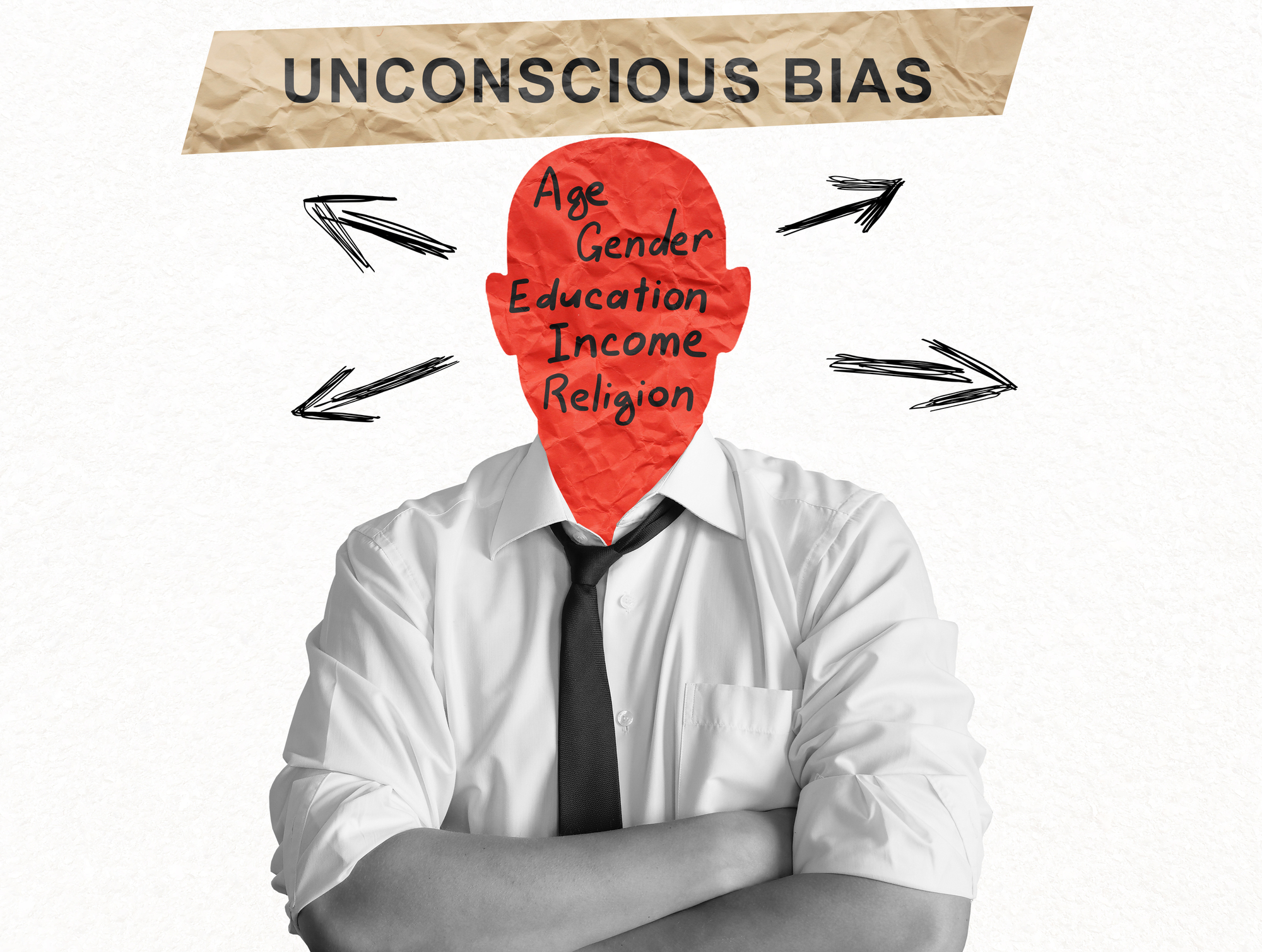 Collage of a person in a shirt and tie with a red silhouette for a head. Words like age, gender, education, income, and religion are written on the silhouette. Arrows point towards it, with "Unconscious Bias" written above.