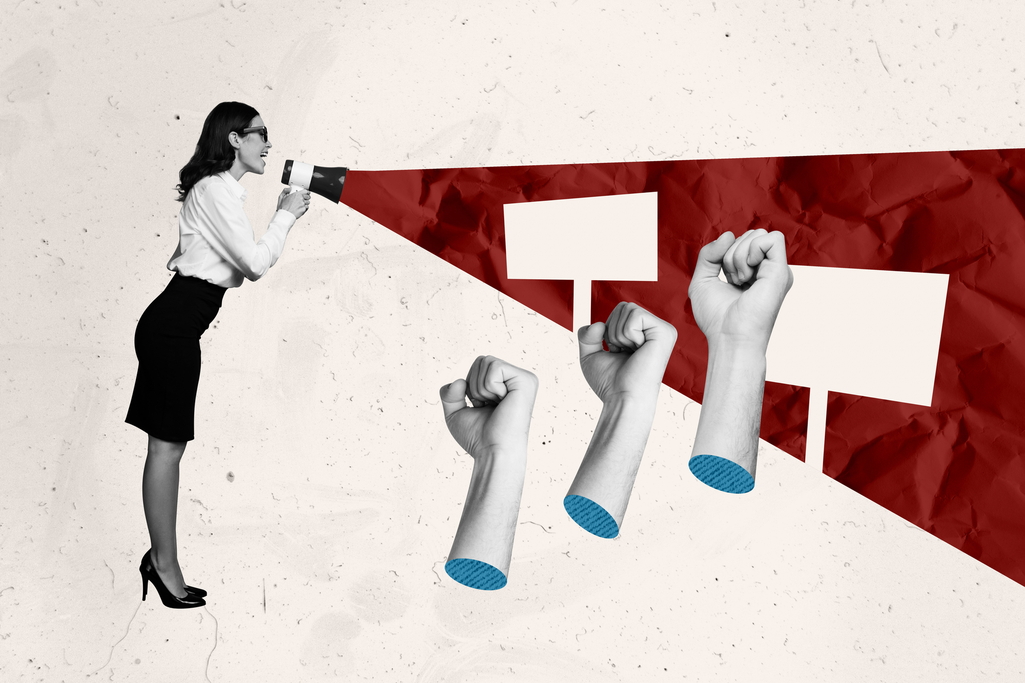 A woman in business attire uses a megaphone, projecting red triangles towards raised fists and protest signs. The collage-style image has a textured background, symbolizing activism and communication.