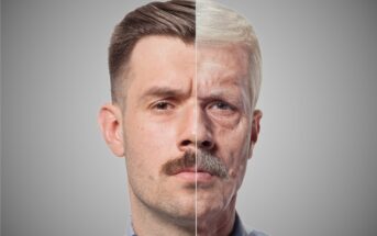 A split image of a man's face, where the left side shows him younger with brown hair and a mustache, while the right side shows him older with gray hair and a mustache. The background is a neutral gray.