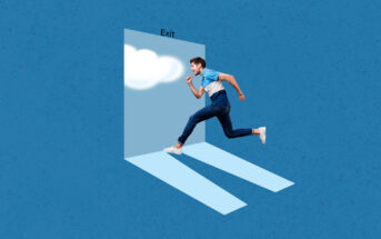 A person in casual clothing is running towards an open exit, with light streaming in and a cloud visible outside. The background is blue, adding contrast to the scene, suggesting escape or liberation.