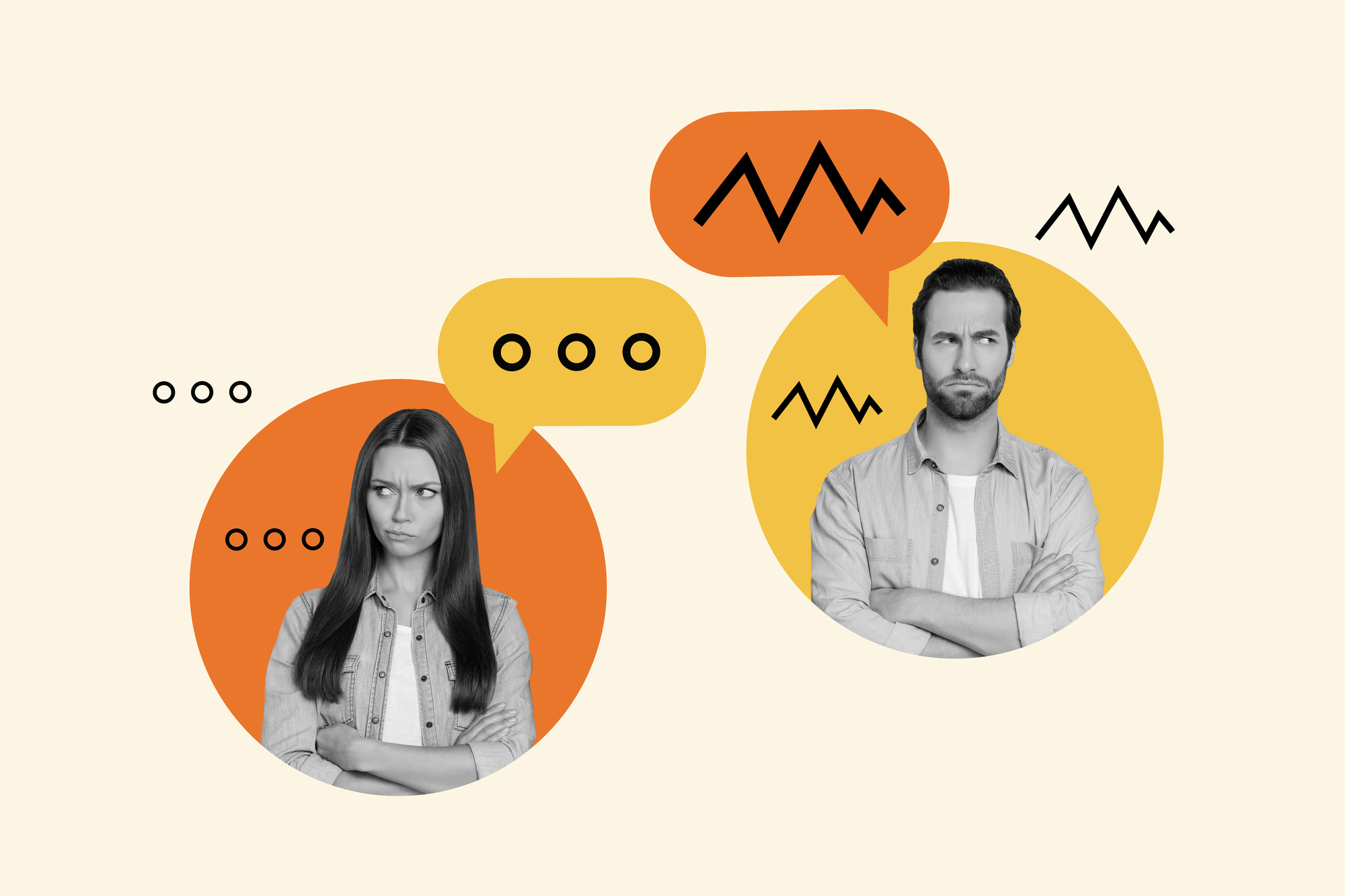 A collage of a woman and a man in separate circles with speech bubbles above them. Both have arms crossed and neutral expressions. The woman's circle is orange; the man's is yellow. Decorative black zigzag lines and circles are present.