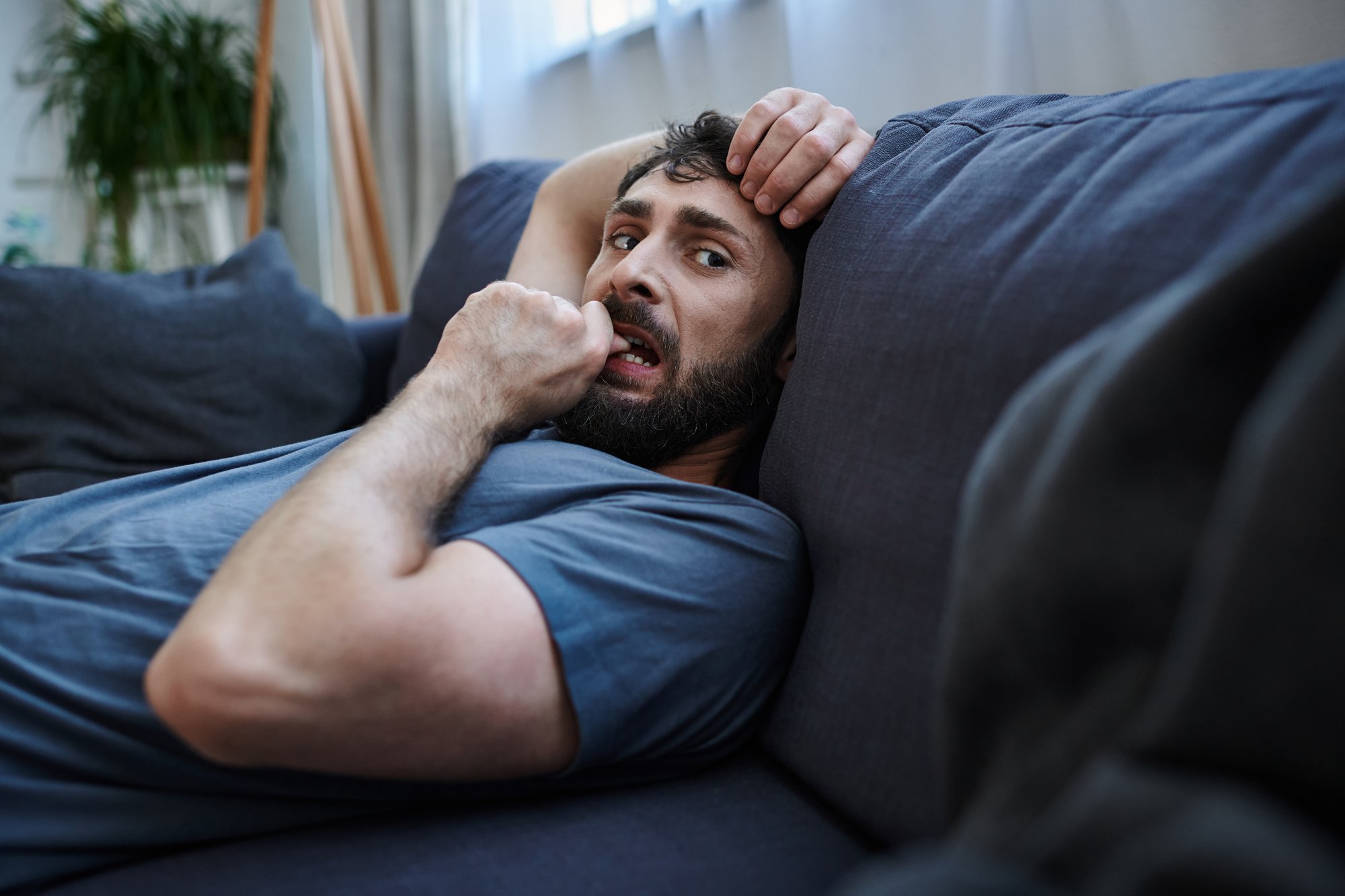 A man with a beard lounges on a dark sofa, gazing at the camera. He wears a blue T-shirt and appears to be biting his fingernail, with one hand resting on his head. A large window and a plant are visible in the background.