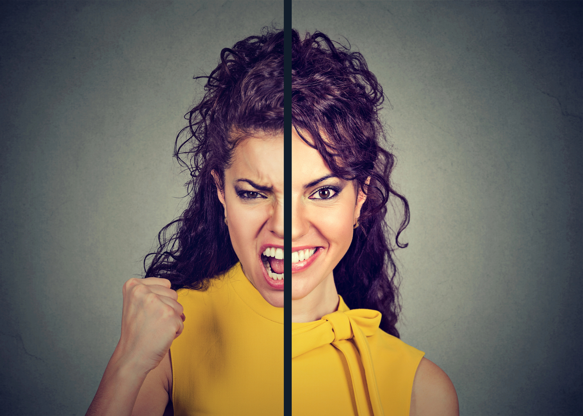 A split image of a woman wearing a yellow shirt showing contrasting emotions. The left side depicts anger, with a clenched fist and open mouth, while the right side portrays happiness, with a bright smile. The background is a muted gray.