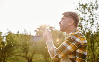 A person in a plaid shirt is blowing on a dandelion in a sunlit garden, with trees in the background. The sun is low, casting a warm glow and creating a serene atmosphere.