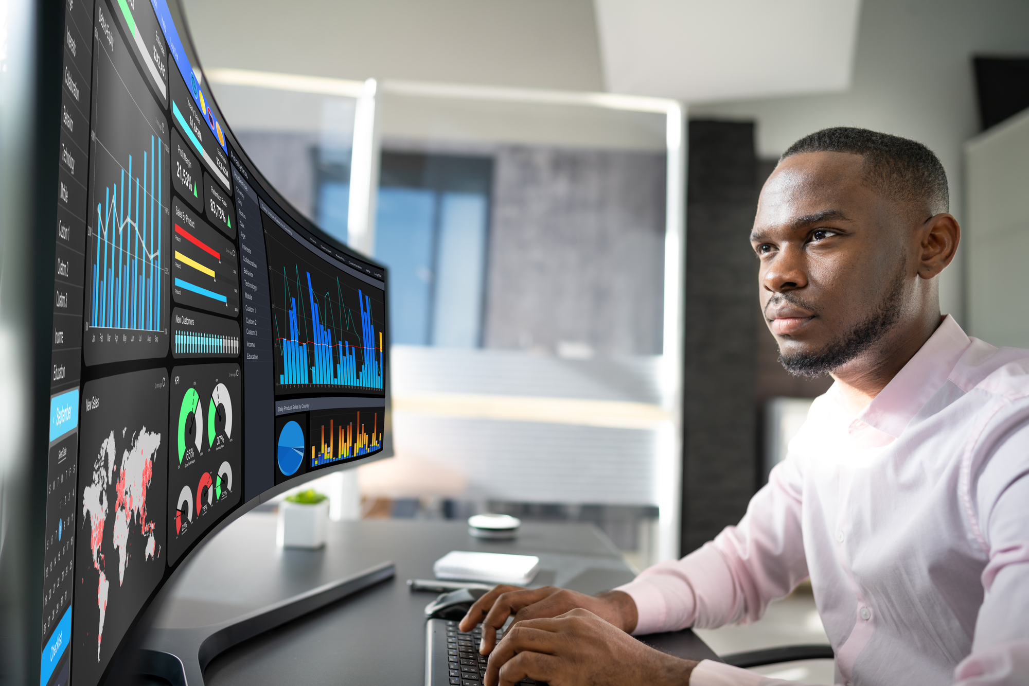 A person sitting at a desk analyzes data on a large, curved monitor displaying graphs and charts. The workspace includes a keyboard, a small plant, and a blurred window view in the background.