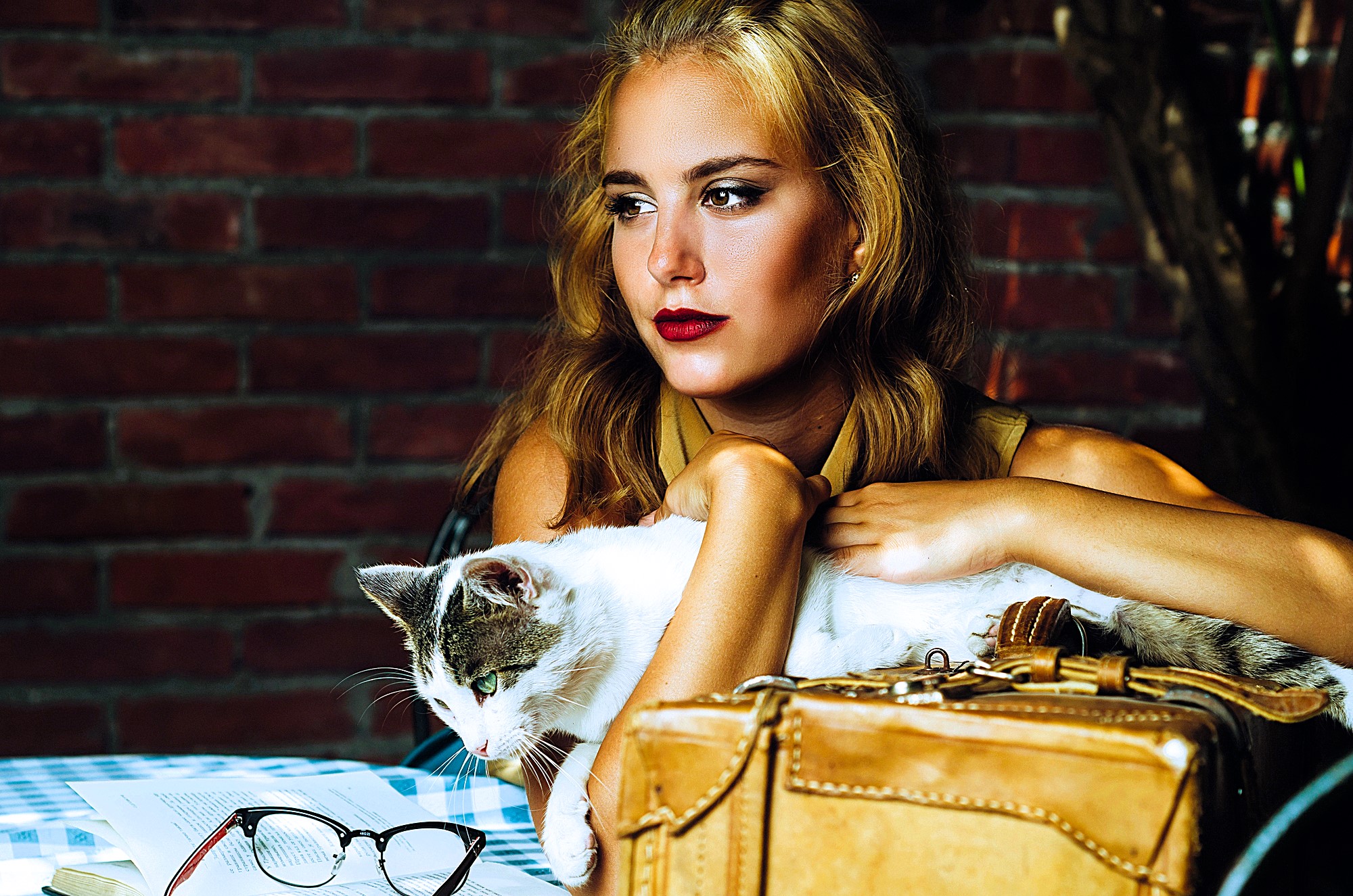 A woman with long hair sits at a table in front of a brick wall, holding a white and gray cat. She gazes thoughtfully into the distance. On the table are a pair of glasses and a tan leather bag.