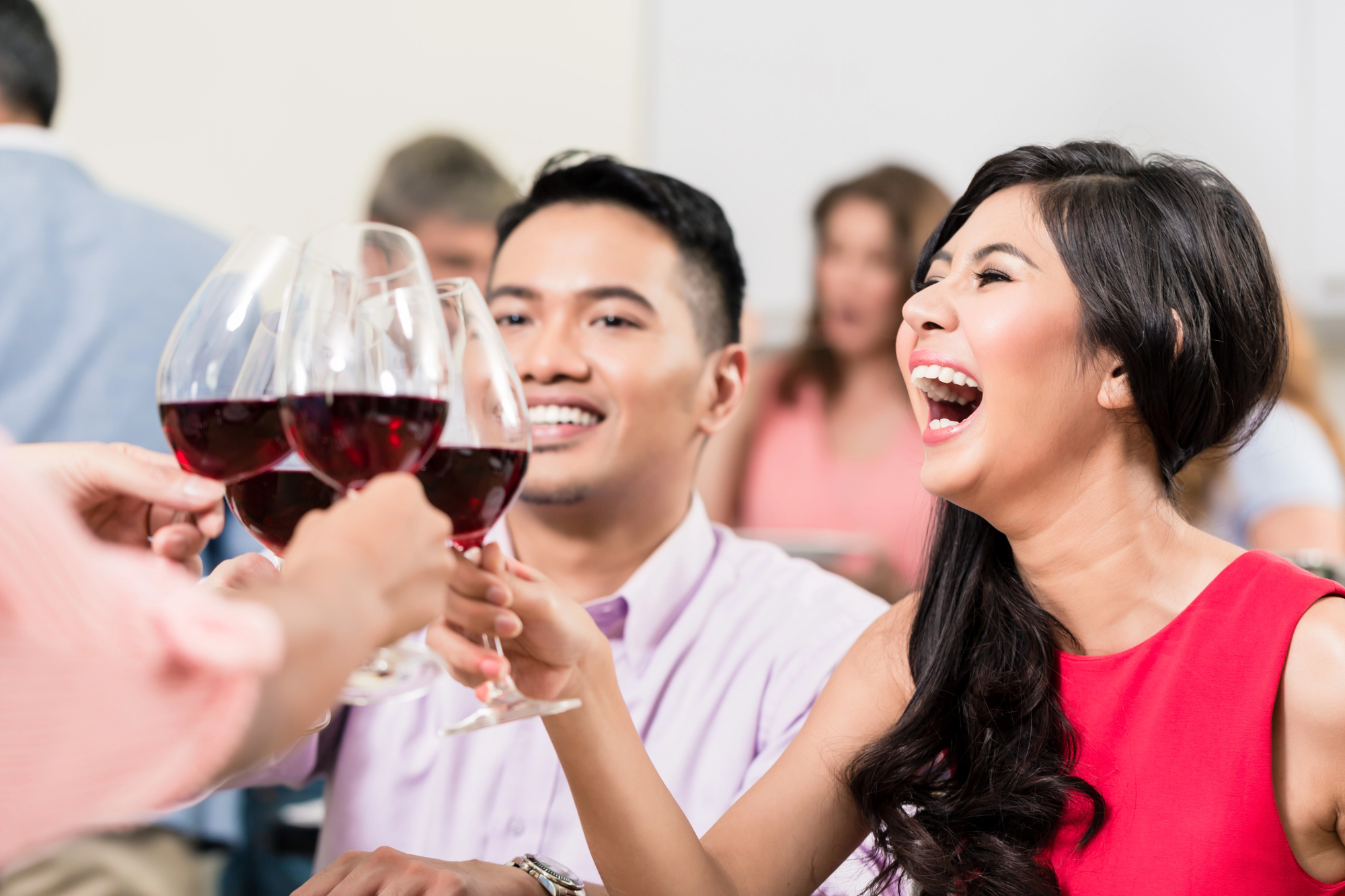 A group of people clinking wine glasses in a celebratory toast. A woman in a red dress is laughing joyfully. The setting appears to be a social gathering or party, with others visible in the background.